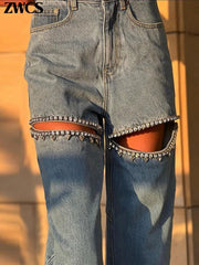 Jeans Women Diamond Hollow Out Distressed Zipper Blue Loose Straight Casual Chic Streetwear Denim
