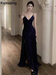 Prom Maxi Dress Women Elegant V-Neck Sequin Backless Split Bandage Luxury Formal Evening Runway Dress