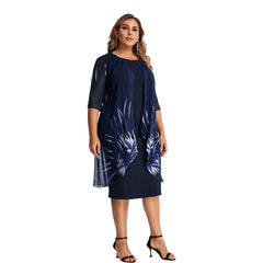 Plus Size Mesh Printed Midi Dress Women Elegant Party Evening Casual Chic Fashion Dress