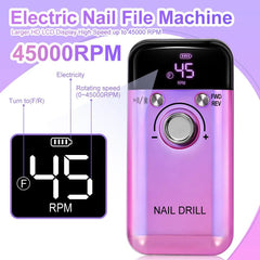 Pink electric nail file machine with digital display on a white background
