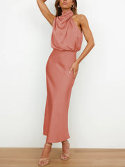 Satin Women's Evening Party Sleeveless Midi Dress High Asymmetrical Neckline Wedding Guest Dress