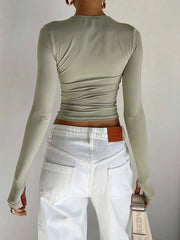 Long Sleeve T-Shirt Women Crew Neck Solid Slim Fit Crop Top Thumb Holes Streetwear Spring Fall