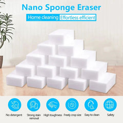 Stack of nano sponge erasers with text highlighting their benefits on a light background.