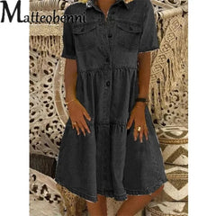 Plus Size Vintage Denim Maxi Dress Women Casual Boho Knee Length Beach Vacation Summer Fashion