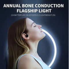 Woman wearing a bone conduction headset with product features listed above on a dark background