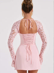 Lace Mini Dress Long Sleeve Sweetheart Neckline Satin Bodycon Club Party Night Out Sexy Women