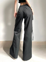 Low Waist Wide Leg Pants Women Grunge Loose Patchwork Ribbon Hem Cargo Casual Streetwear Fashion