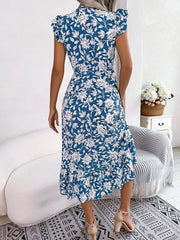 Midi Dress Women Floral Print Sleeveless Ruffle V-Neck Casual Holiday Beach Spring Summer Dress