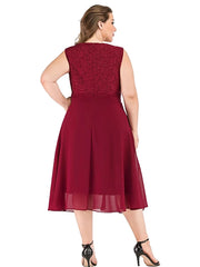 Midi Dress Women Plus Size O-Neck Sleeveless Lace Patchwork Chiffon Elegant Evening Club Wedding Guest