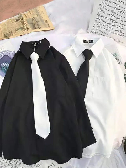Shirt Women White Black Tie Preppy Style Long Sleeve Button-Up Casual Chic Contemporary Fashion Top