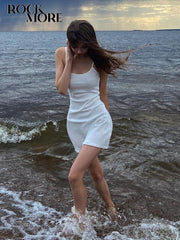 Spaghetti Strap Knit Mini Dress Women Y2K Beach Vacation Sundress Casual Summer Fashion Dress