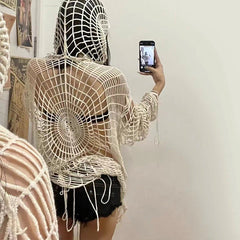 Hooded Knit Sweater Women Spider Web Hole Irregular Hollow Out Grunge Casual Fashion Top
