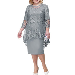 Plus Size Floral Embroidered Midi Dress Women Sky Blue 3/4 Sleeve Wedding Guest Knee Length