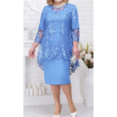 Plus Size Floral Embroidered Midi Dress Women Sky Blue 3/4 Sleeve Wedding Guest Knee Length