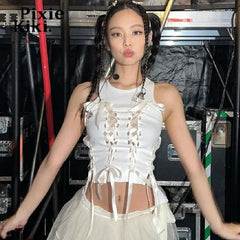 Tank Top Women Y2K Fairy Aesthetic Bow Lace-Up Hollow Out Ribbed Crop White Casual Summer Top