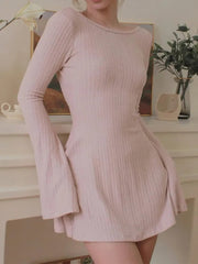 Mini Dress Women Backless Chic Long Sleeve Knit Slim Elegant Casual Autumn Winter Fashion Dress