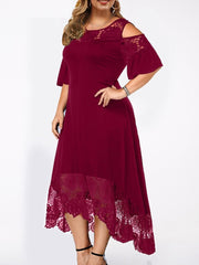 Plus Size Cold Shoulder Dress Women Lace Patchwork Short Sleeve Elegant Cocktail Asymmetric Hem