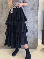 Midi Skirt Women Asymmetric Pleated Ruffle Irregular Hem Layered Elegant Casual Fashion Skirt