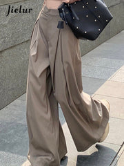 Women Loose High Waist Full-Length Solid Color Wide Leg Pants