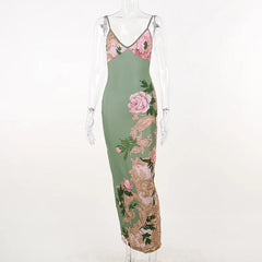 Maxi Dress Women Sleeveless Floral Print Spaghetti Strap Chic Beach Party Club Summer Dress