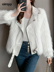 Short Faux Fur Coat Women Long Sleeve Zipper Sashes White Turn-Down Collar Winter Fashion