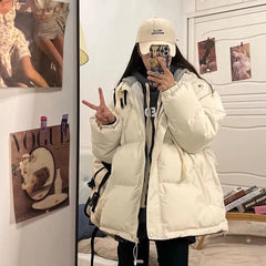 Down Jacket Women Short Thick Warm Spliced Oversized Loose Puffer Casual Winter Coat Outerwear