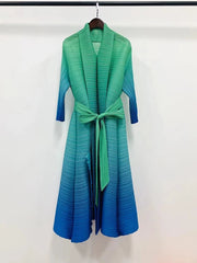 Midi Dress Women Gradient Color Pleated Open Stitch Belt Elegant Party Cocktail Fashion Dress