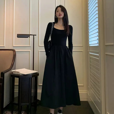 Long Sleeve Midi Dress Women Vintage Square Collar Pleated Pockets Elegant Office Casual Fashion