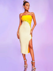 Midi Dress Women Yellow Strapless Bandage Rhinestone Double Color Split Bodycon Elegant Party Dress