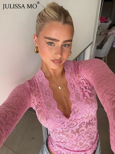 Lace Top Women Sheer V-Neck Long Sleeve Skinny Fit Club Party Spring Summer Fashion Shirt
