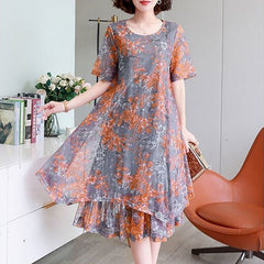 Layered Patchwork A-Line Midi Dress Women Irregular Loose Round Neck Short Sleeve Summer Fashion