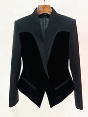 Blazer Women Chic Slim Fit Patchwork Velvet Designer Inspired Elegant Office Fashion Jacket