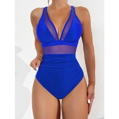 One-Piece Swimsuit Women Solid Deep V-Neck Removable Bra Pads Summer Beach Swimwear Bathing Suit