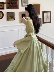 Flared Sleeve Fairycore Maxi Dress Women Solid Square Collar Long Elegant Casual Fashion