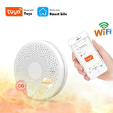 Smart smoke and carbon monoxide detector with Tuya and Smart Life app on smartphone