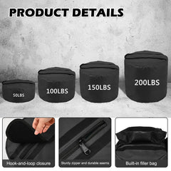 Black weight bags with capacity labels on a concrete surface, featuring close-up details of closure and zipper.