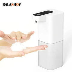 White hand sanitizer dispenser with hands using it on a white background, featuring the brand 'BALASHOV'.