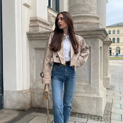 Double Breasted Short Jacket Women Chic Casual Loose Belt Stylish Outerwear Fashion Coat