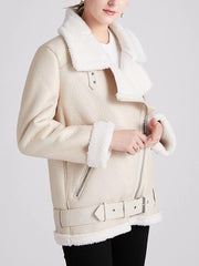 Faux Leather Jacket Women Thick Long Sleeve Fur Cuffs Collar Chic Warm Winter Outerwear Fashion