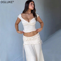 Skirt Set Women 2-Piece Crop Top Ruffle Beach Holiday Casual Summer Vacation Outfit Matching Set