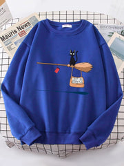 Cat Graphic Sweatshirt Women Cute Halloween Crewneck Fleece Warm Loose Casual Autumn Fashion