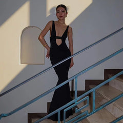 Maxi Dress Women Backless Cut Out Deep V-Neck Mermaid Elegant Club Party Long Fashion Dress