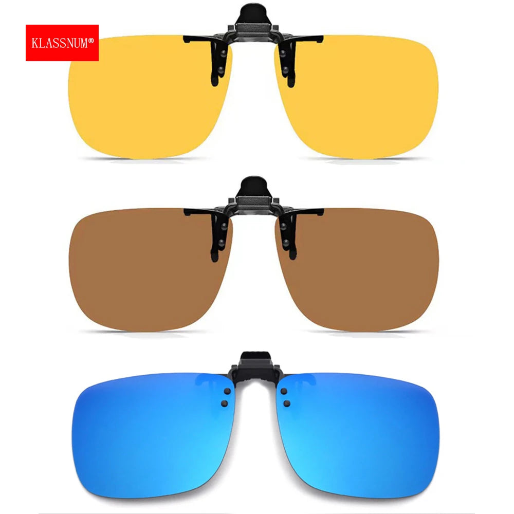 Three pairs of clip-on sunglasses in yellow, brown, and blue on a white background with 'Klassnum' branding.