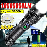 High-powered flashlight with specifications on a dark background