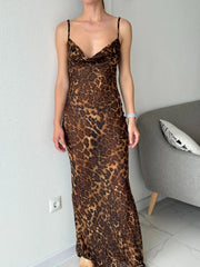 Maxi Dress Women Leopard Print Sheer Backless Lace-Up Elegant Floor Length Beach Holiday Summer Dress