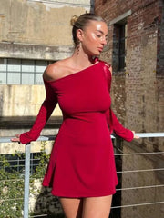 Mini Dress Women Strapless Long Sleeve Hollow Out Bandage Slim Inclined Shoulder Party Clubwear Dress