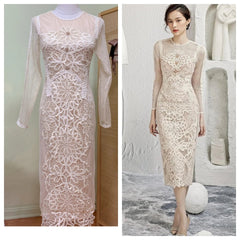 Lace dress displayed on a mannequin and worn by a model against a neutral background.