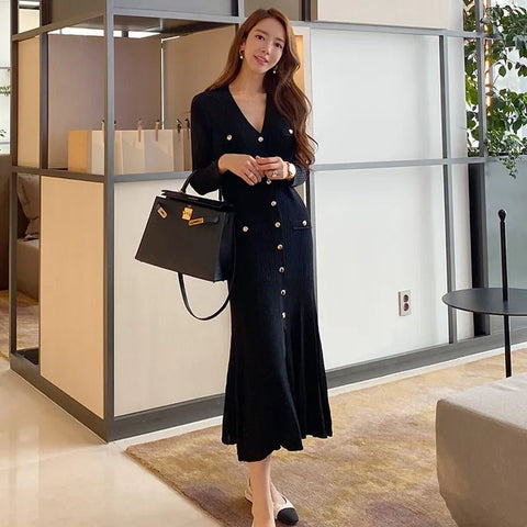 Long Sleeve Midi Dress Women Elegant Single Breasted V-Neck Party Casual Chic Fashion Dress