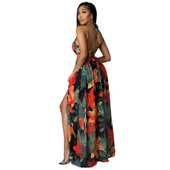 Elegant Backless Maxi Long Dress Women's Floral Halter V-neck Dress with Chain & Split