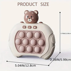 Pink bear-shaped fidget toy with dimensions on a white background